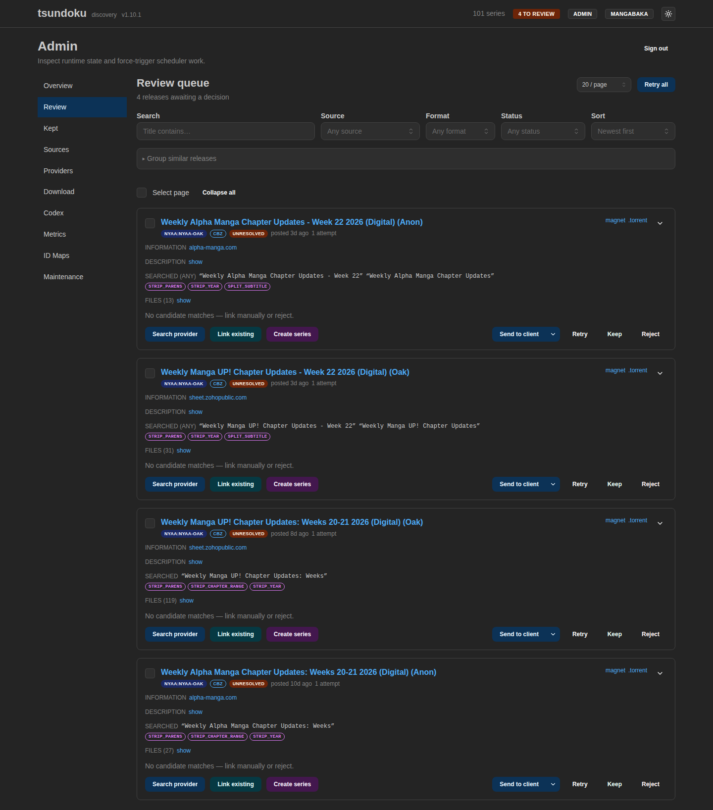 Review queue with candidates and bulk actions